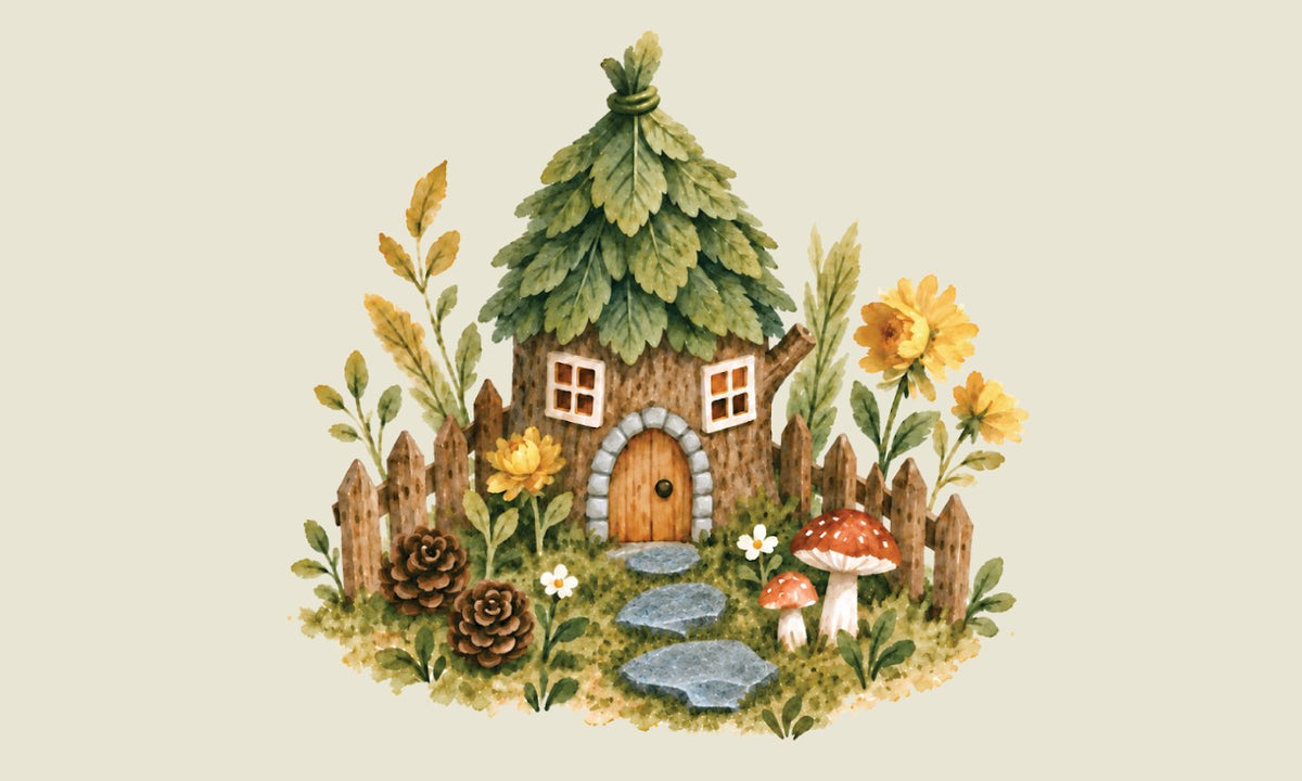 A whimsical watercolor illustration of a tiny fairy house nestled in a forest garden. The cottage has a leafy green roof, a wooden door with a stone arch, small windows, a wooden fence, yellow flowers, pinecones, mushrooms, and a stone path, all set against a solid light beige background.
