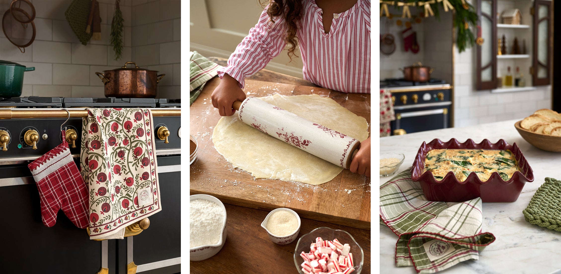 Three images showing kitchen scenes with decorative towels and baking activities.