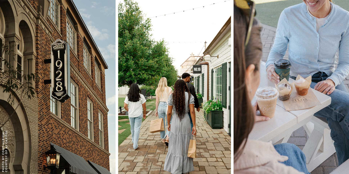 Collage of three images: a brick building with a '1928' sign, people walking on a sidewalk, and a person sitting at a table with coffee.