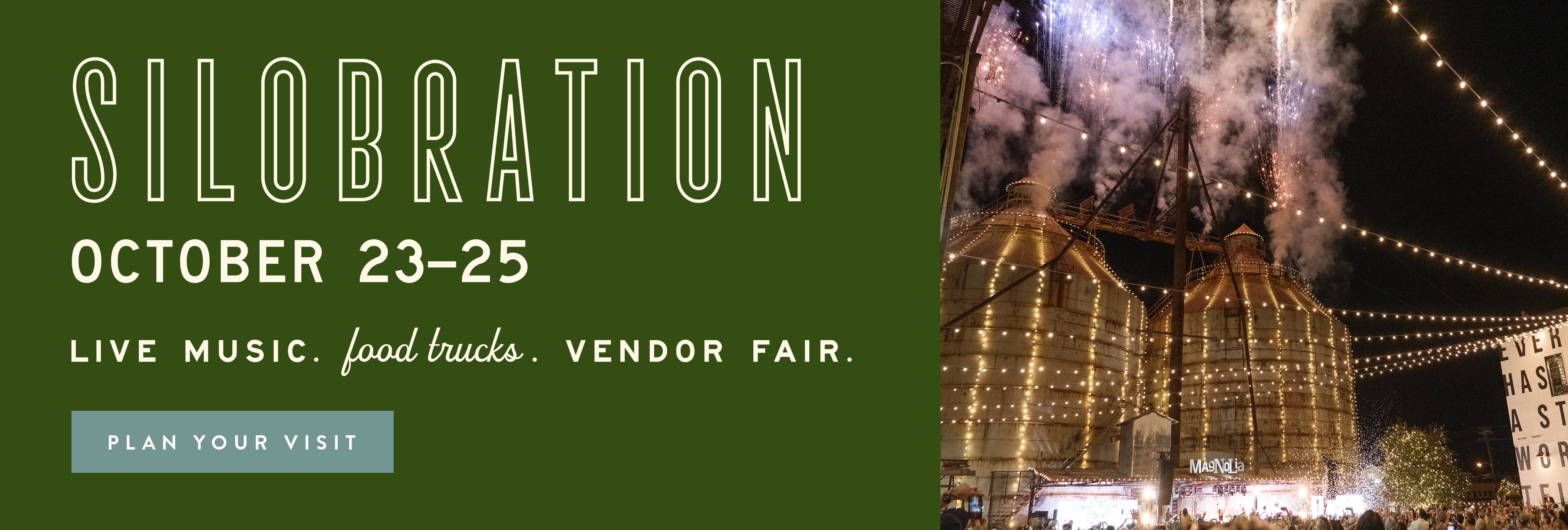 Promotional banner for Silobration event with text and a scenic background of a lit-up building and fireworks.