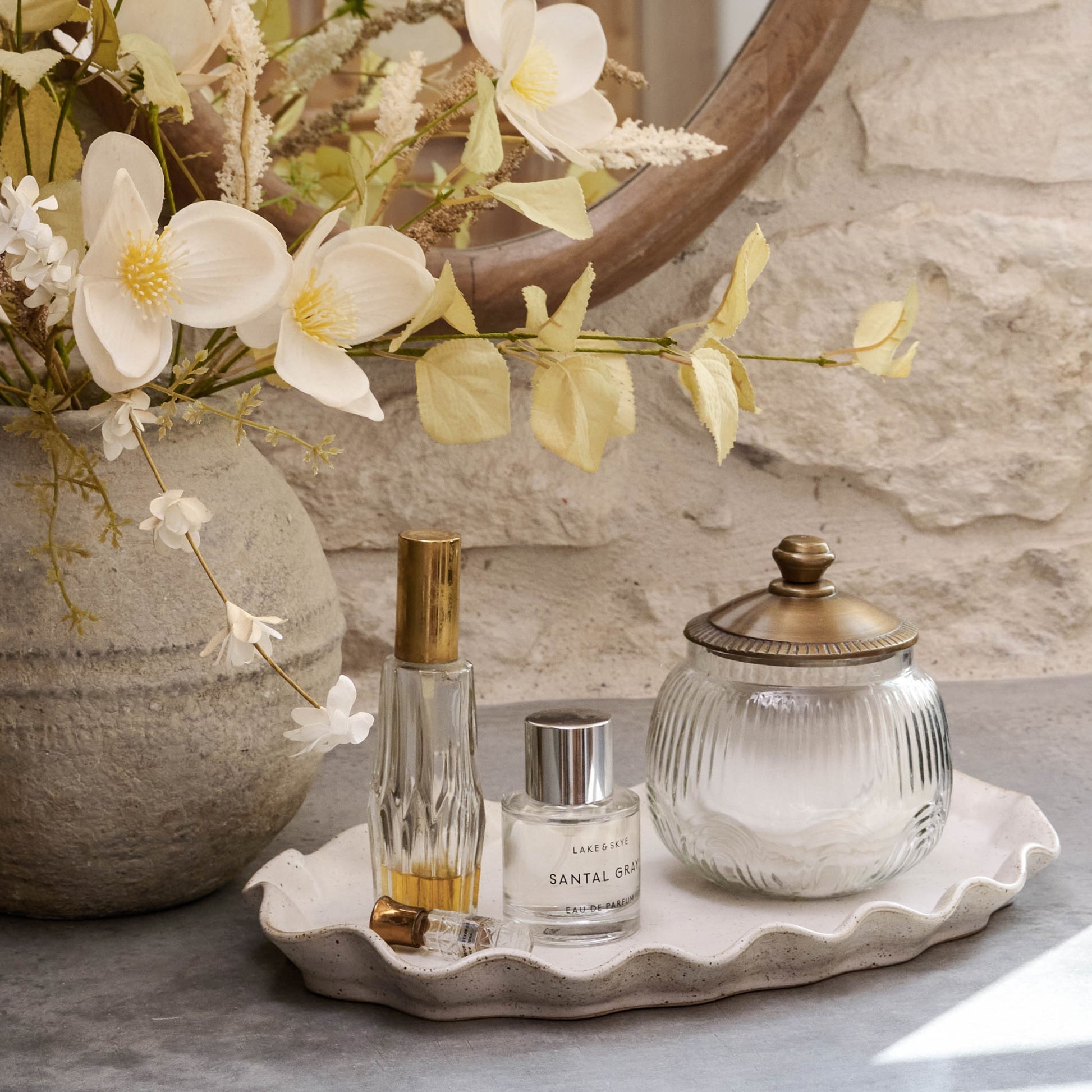 Etched Glass and Brass Canister set on oval sandstone tray