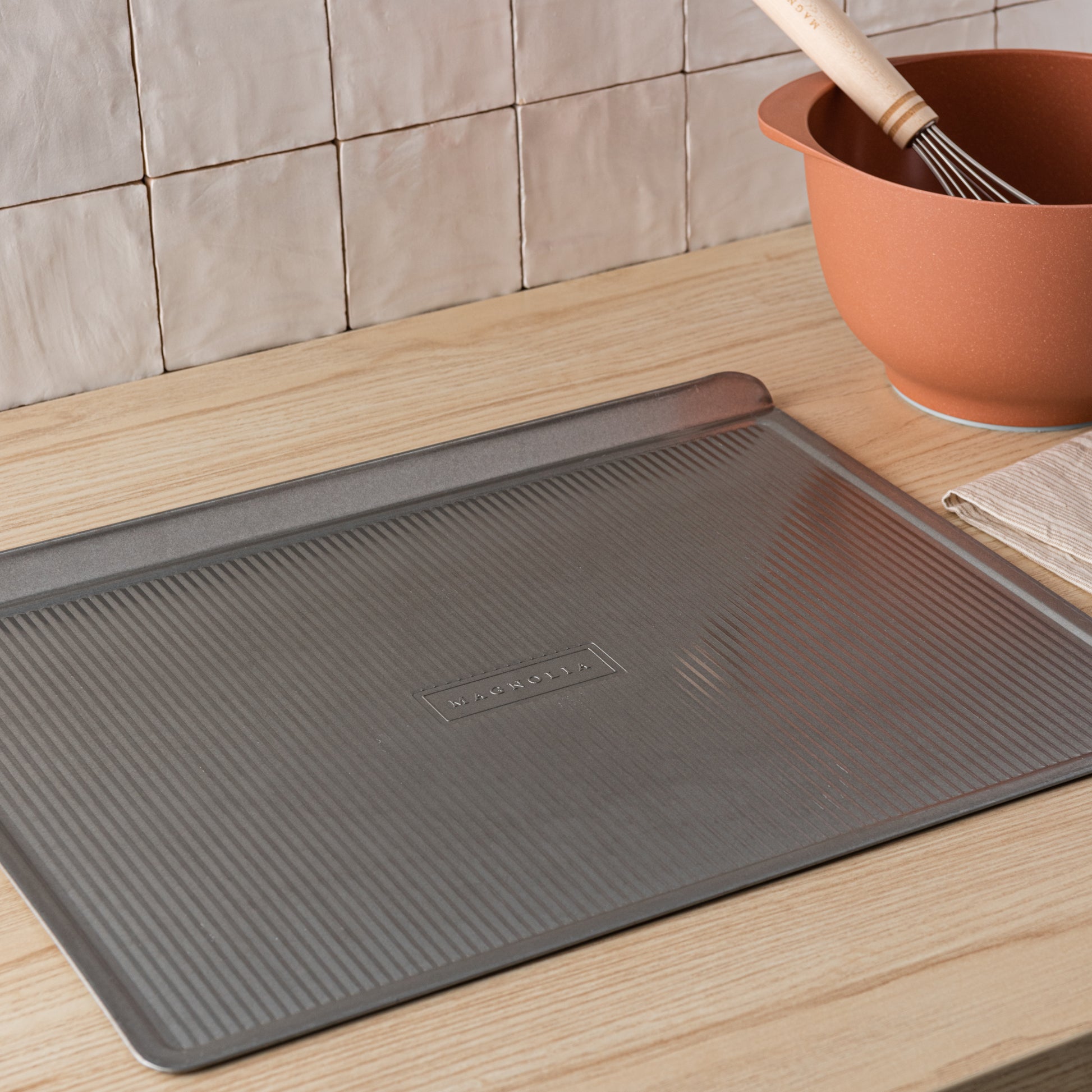 magnolia branded non-stick flat cookie sheet