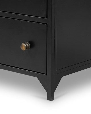 black metal 8-drawer dresser with antique brass drawer knobs