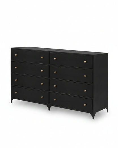 black metal 8-drawer dresser with antique brass drawer knobs