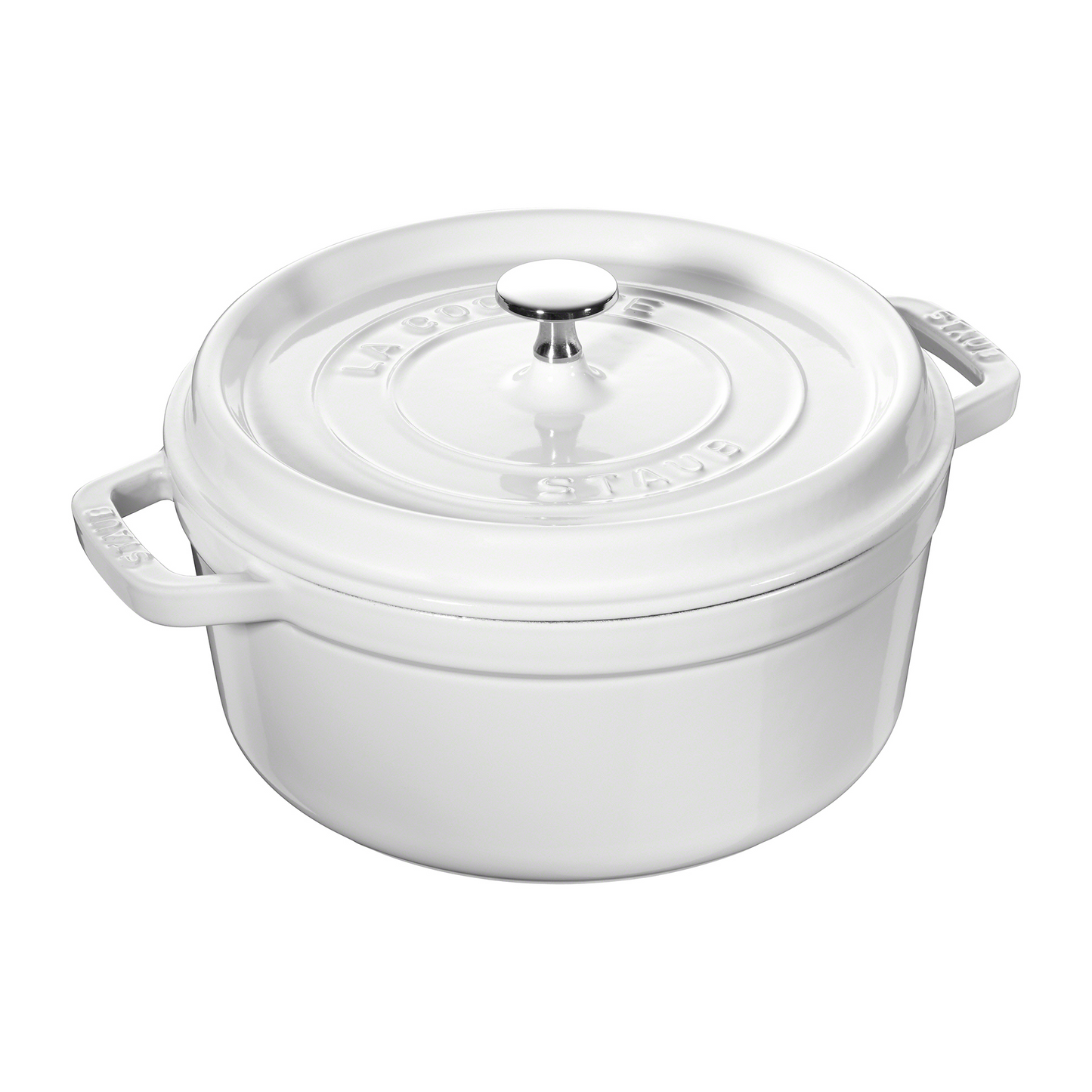Staub 5.5 quart round cast iron dutch oven in white