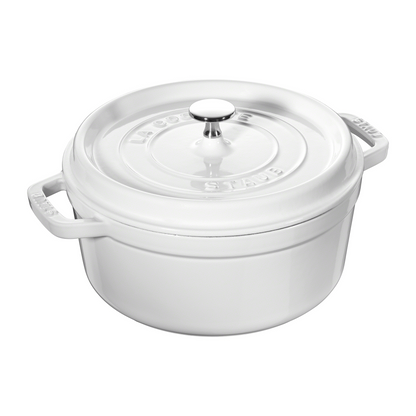 Staub 5.5 quart round cast iron dutch oven in white