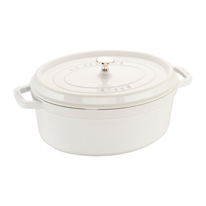 staub 7.25 quart enameled cast iron oval dutch oven in white