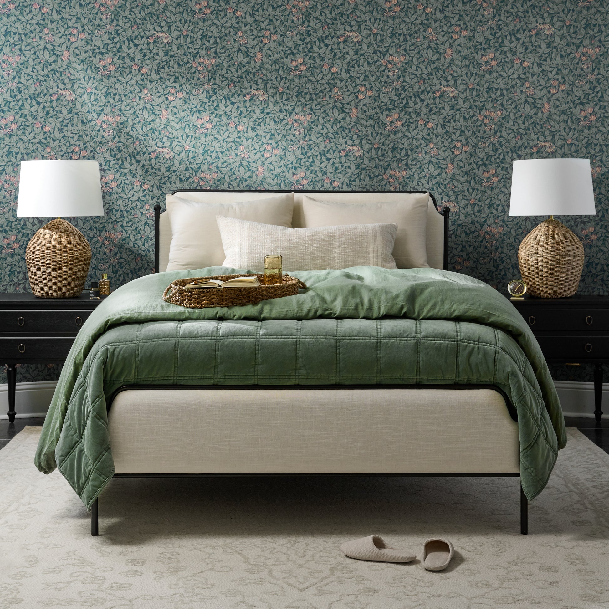 Annie grey rug in bedroom with floral wallpaper