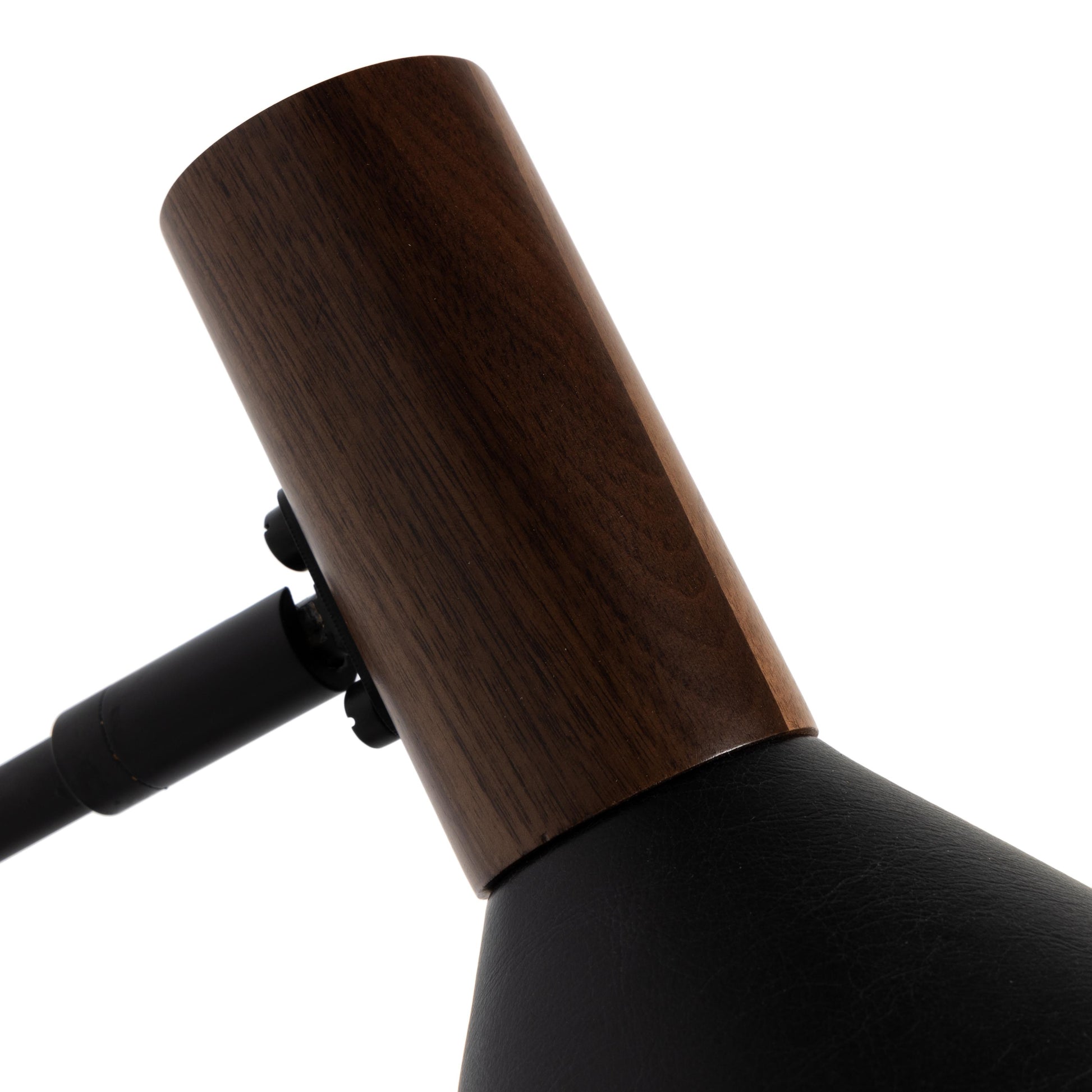 Gibson Task Lamp with Leather Shade in black leather close up of wood on lamp shade