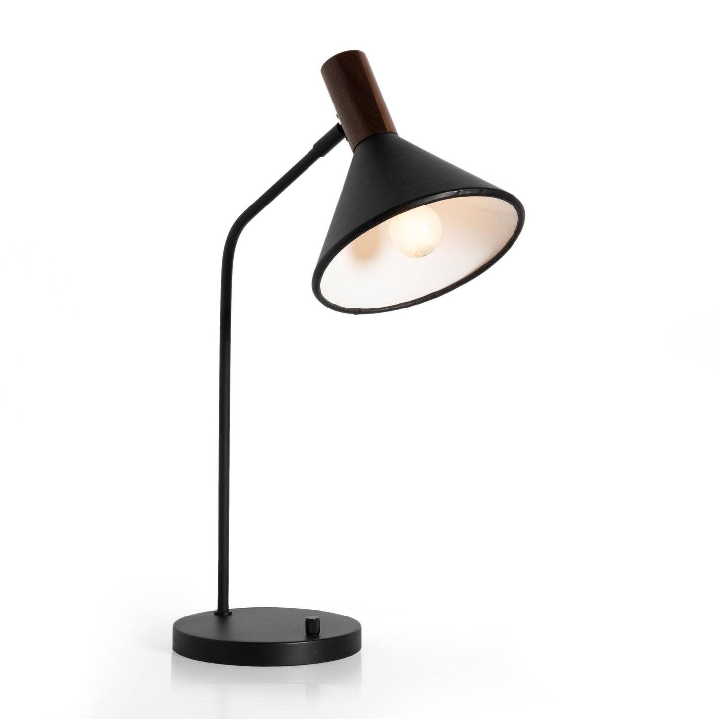 Gibson Task Lamp with Leather Shade in black leather with light on