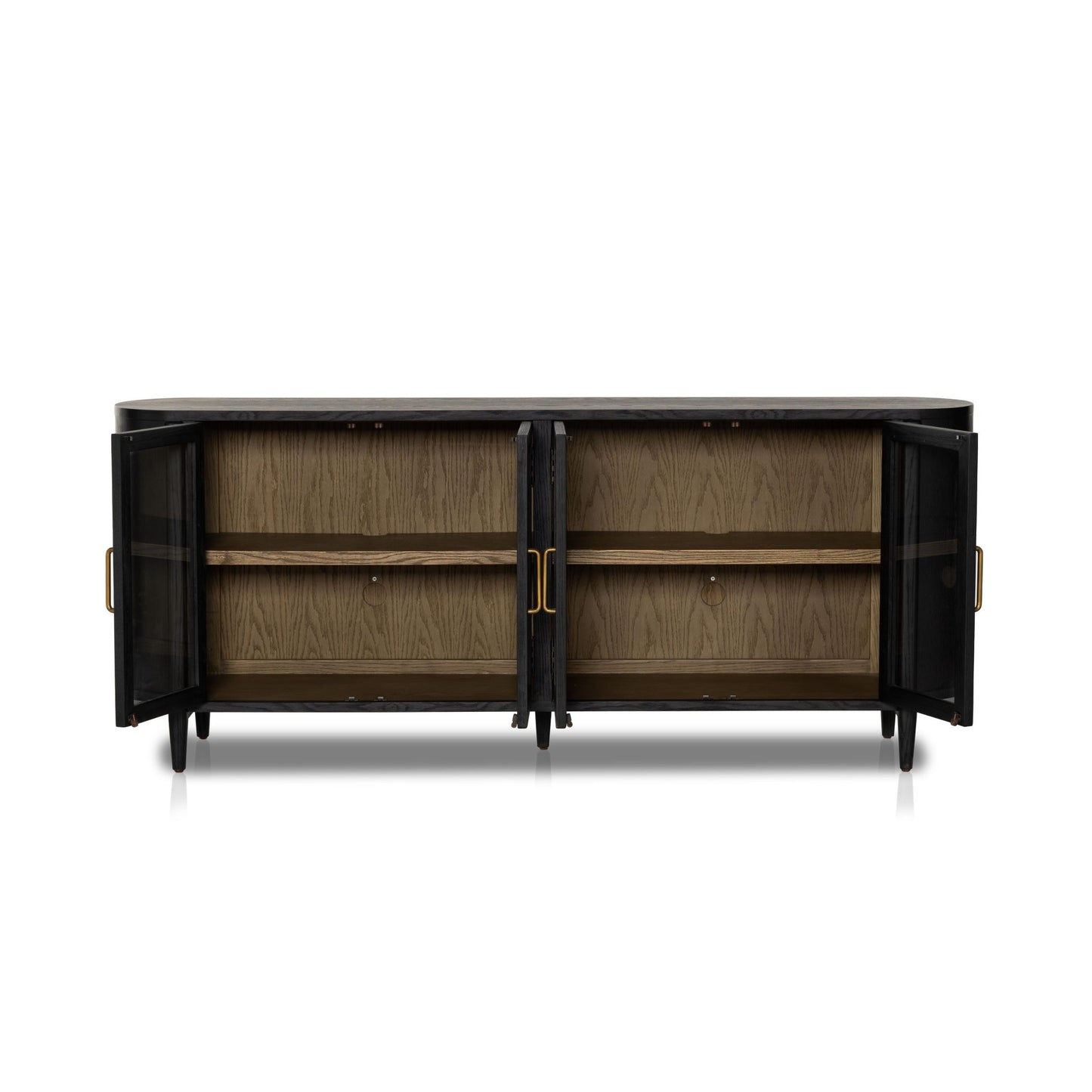 Belmont Sideboard front view with open cabinets