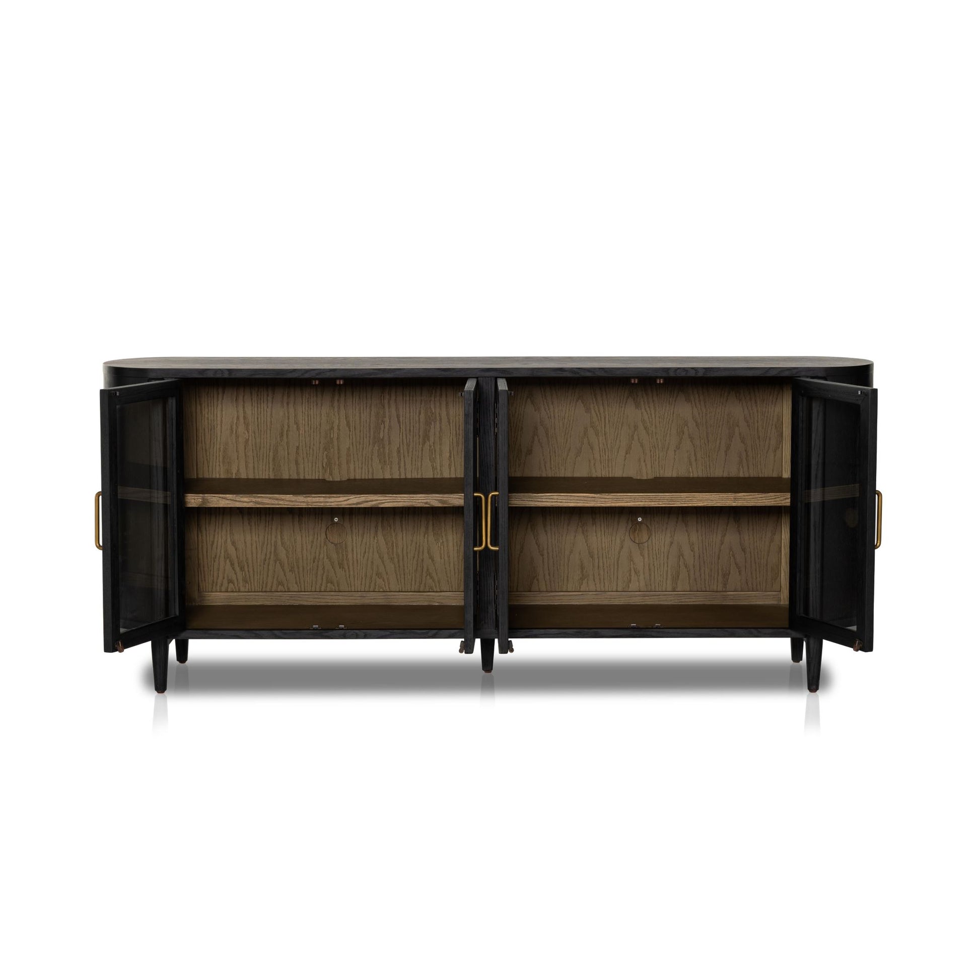Belmont Sideboard front view with open cabinets