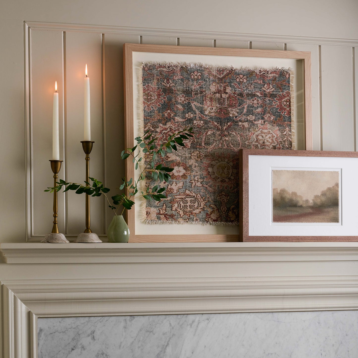 Marbella Framed Textile on fireplace mantle