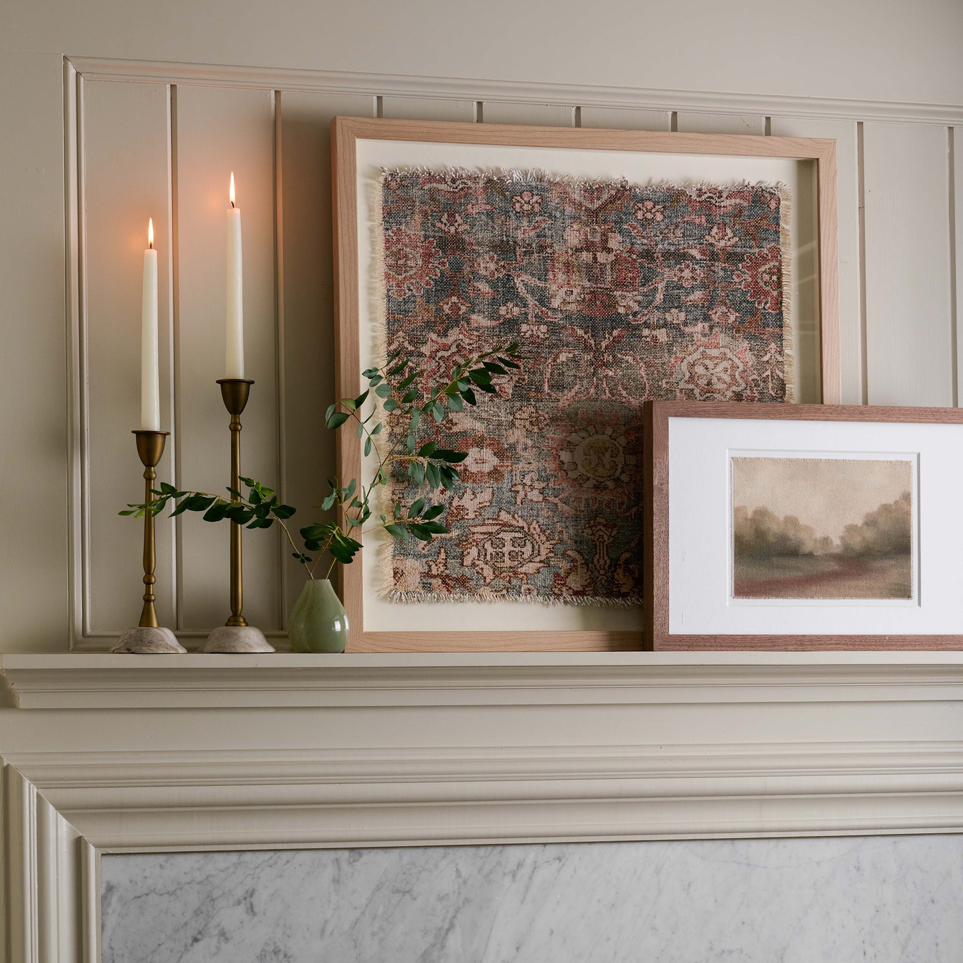 Marbella Framed Textile on fireplace mantle