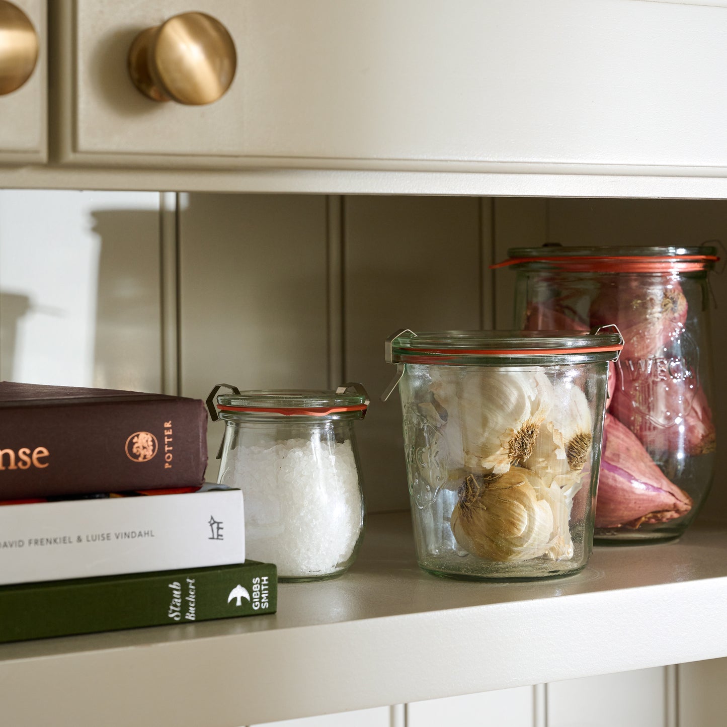 Weck 743 3/4 L Mold Jar on kitchen shelf used for canning