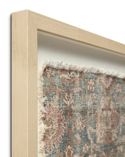 corner view of Marbella Framed Textile shows wood frame and frayed textile edge