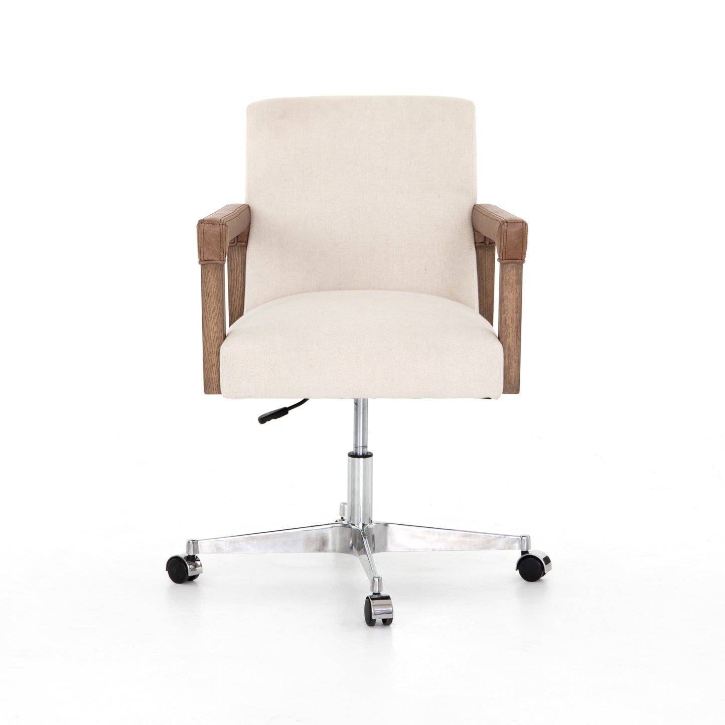 cream linen desk chair with leather-wrapped wooden arms and chrome metal base with wheels