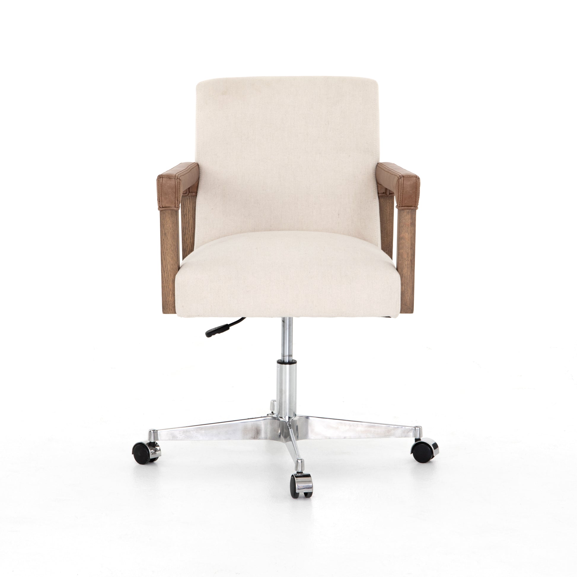 cream linen desk chair with leather-wrapped wooden arms and chrome metal base with wheels