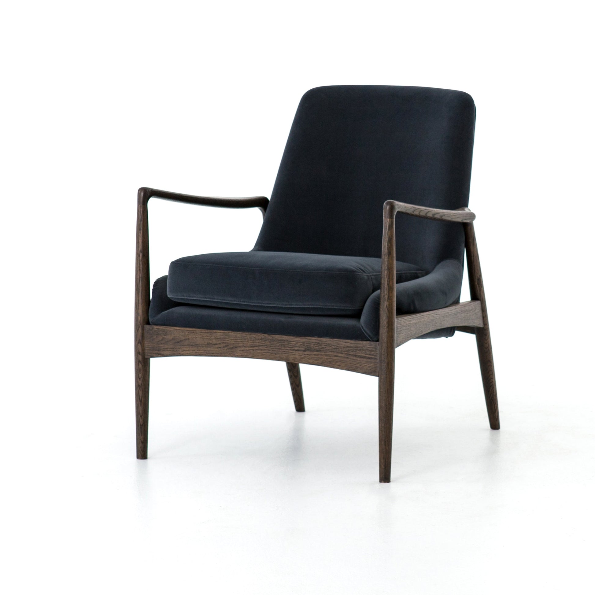 dark grey suede mid century modern arm chair with wooden arms and legs