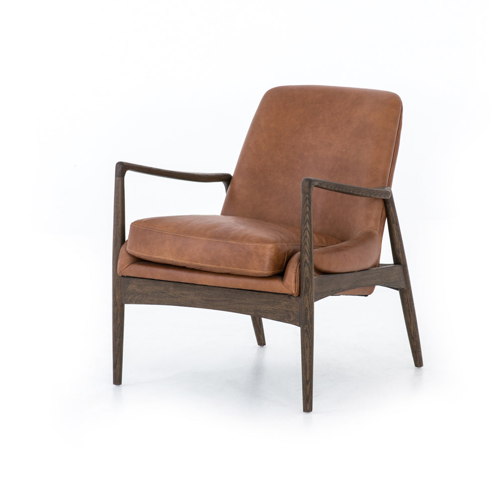distressed brown leather mid century modern arm chair with wooden arms and legs