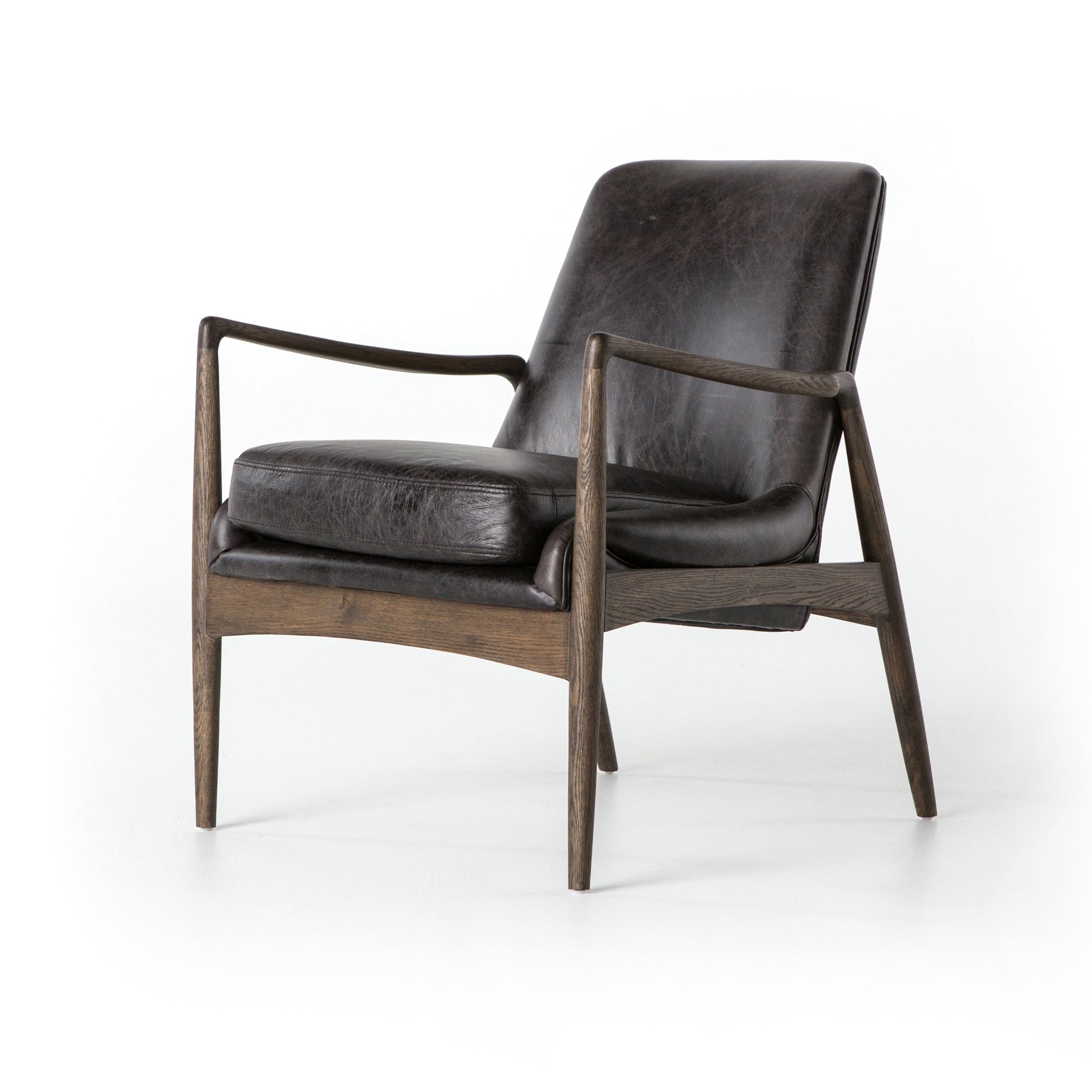 distressed black leather mid century modern arm chair with wooden arms and legs