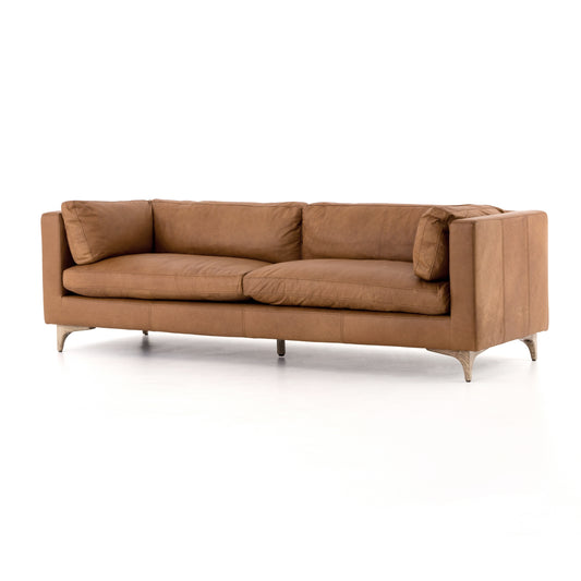 modern brown leather sofa with wooden legs