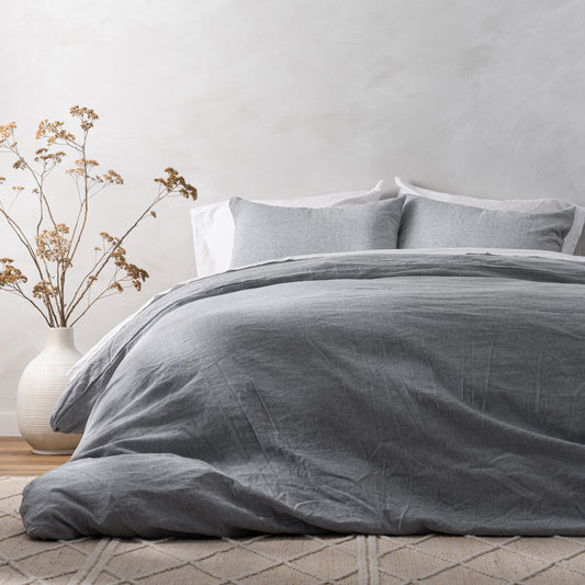 magnolia linen cotton duvet cover bedding in charcoal stripe