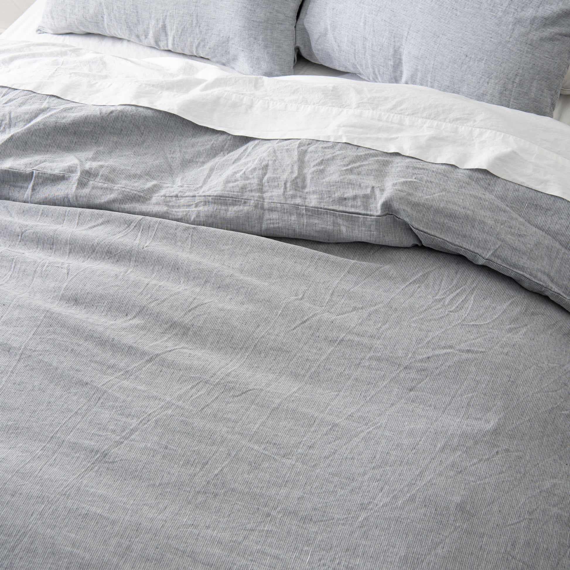magnolia linen cotton duvet cover bedding in charcoal stripe
