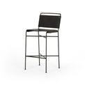 black metal bar stool with black leather seat and back