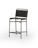 black metal counter stool with black leather seat and back