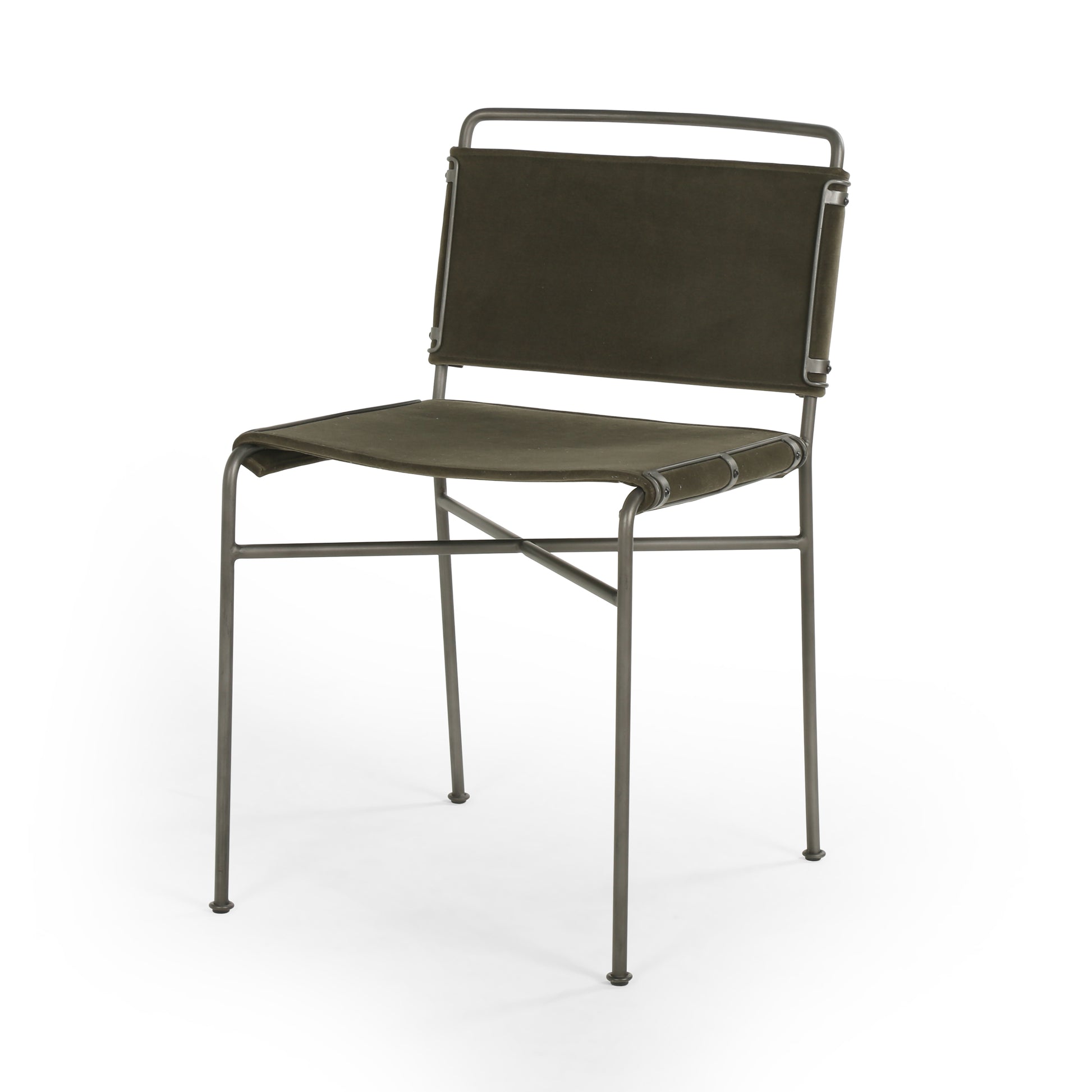 modern metal dining chair with distressed loden leather seat and back