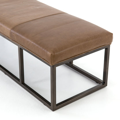 industrial brown padded leather bench with metal base