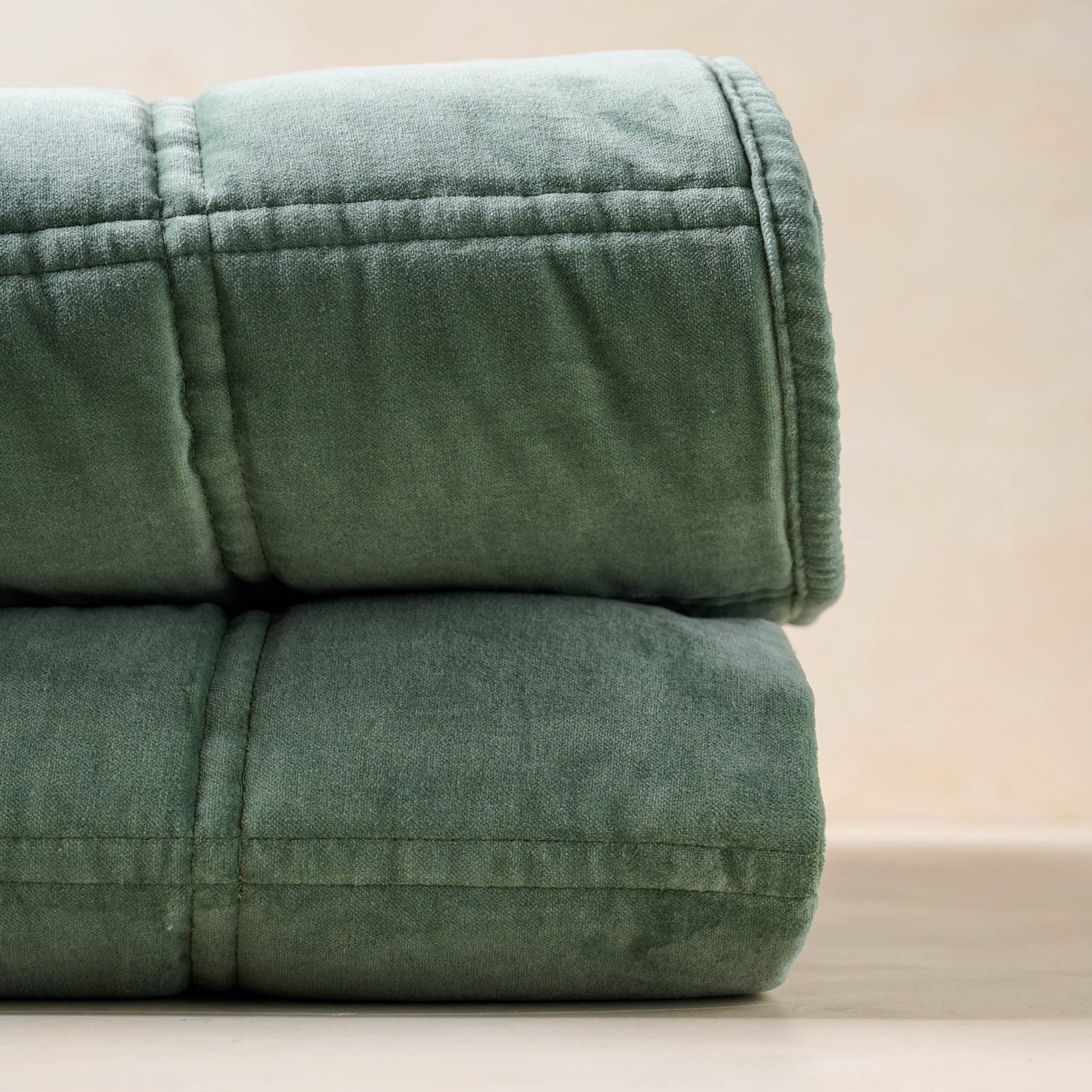 Close up of quilt squares on Weekend Velvet Quilt - Dusty Green