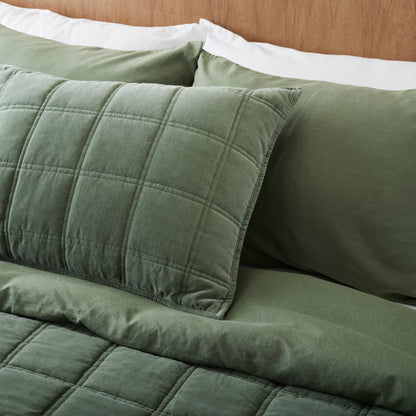 Weekend Velvet Quilt - Dusty Green and matching sham on made bed