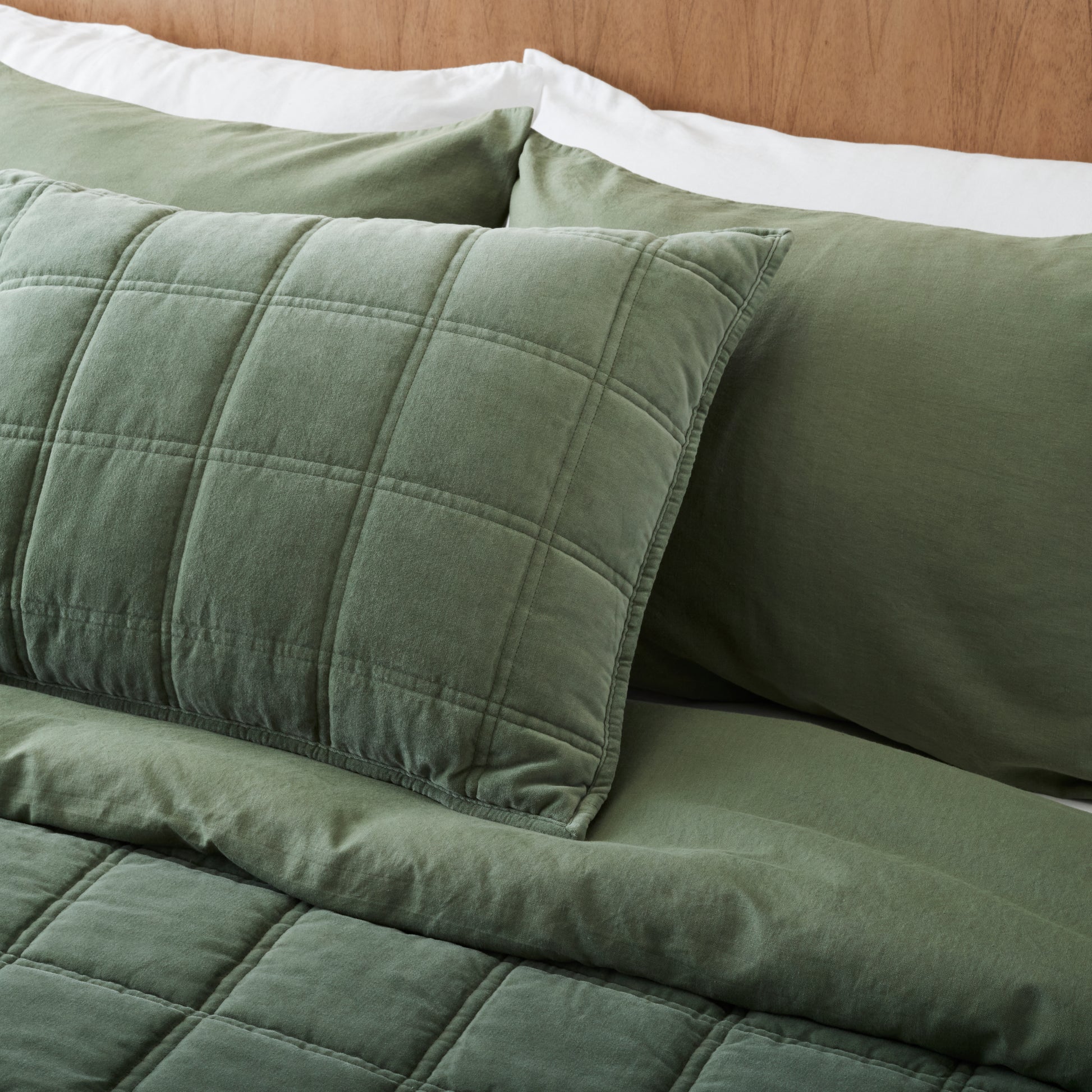 Dusty Green Linen Cotton Duvet Cover on made bed