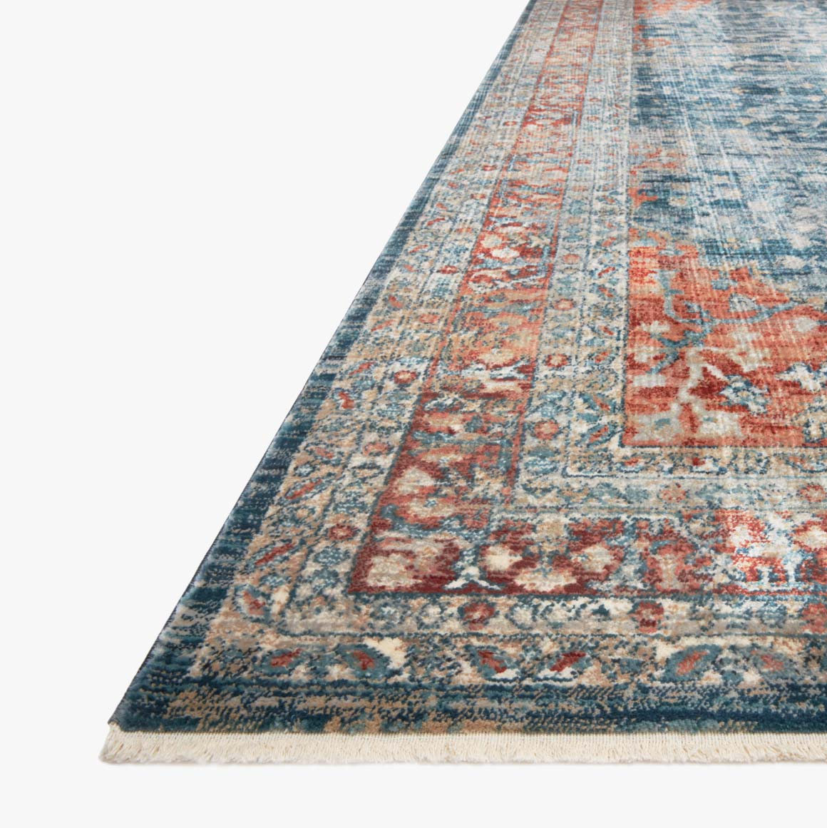 navy and red traditional area rug with floral detail