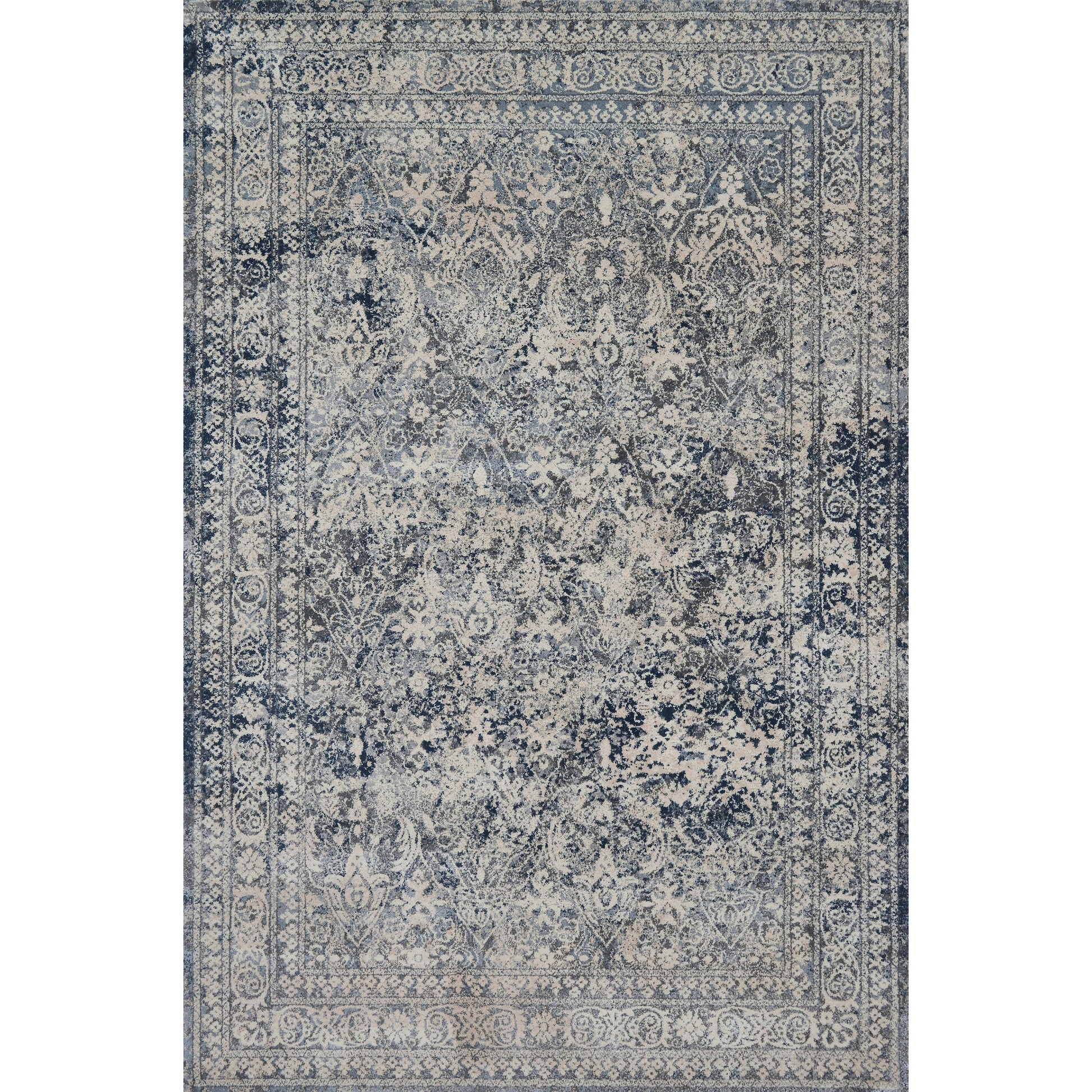 dark grey distressed rug with floral pattern