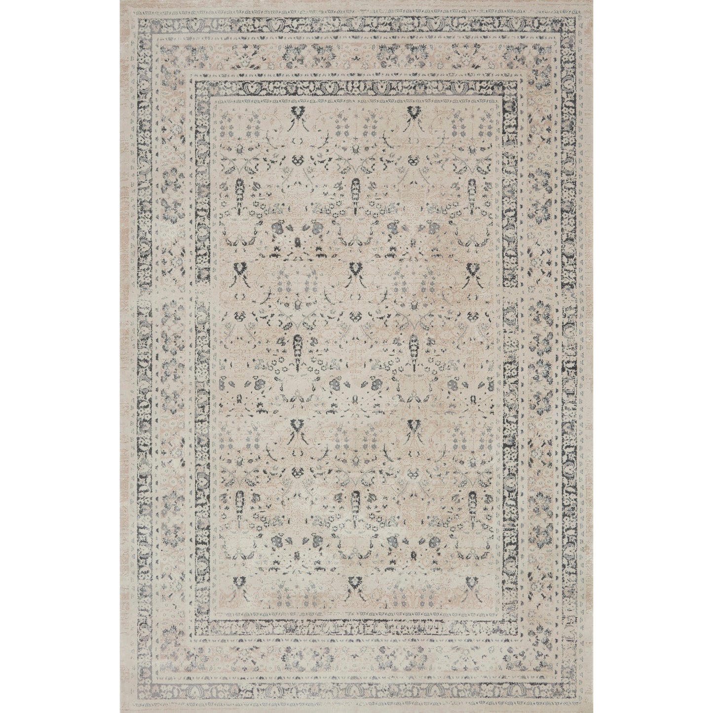 ivory and tan distressed rug with floral detail