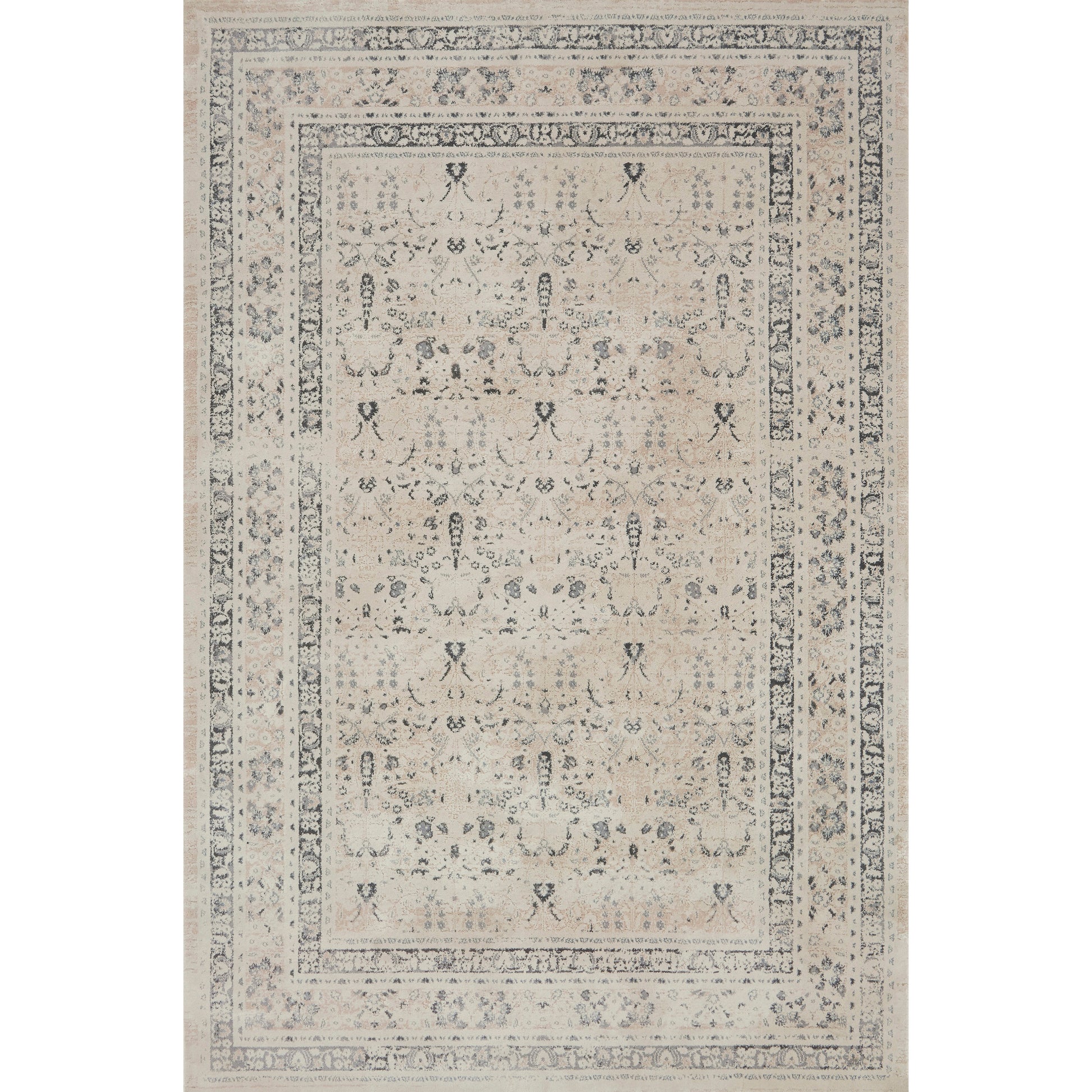 ivory and tan distressed rug with floral detail