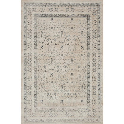 ivory and tan distressed rug with floral detail