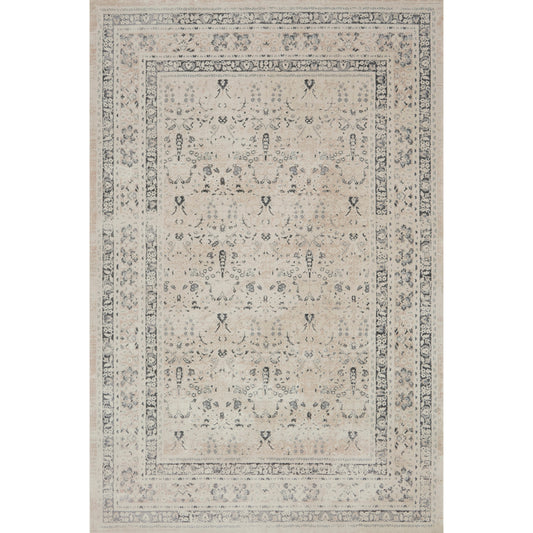ivory and tan distressed rug with floral detail
