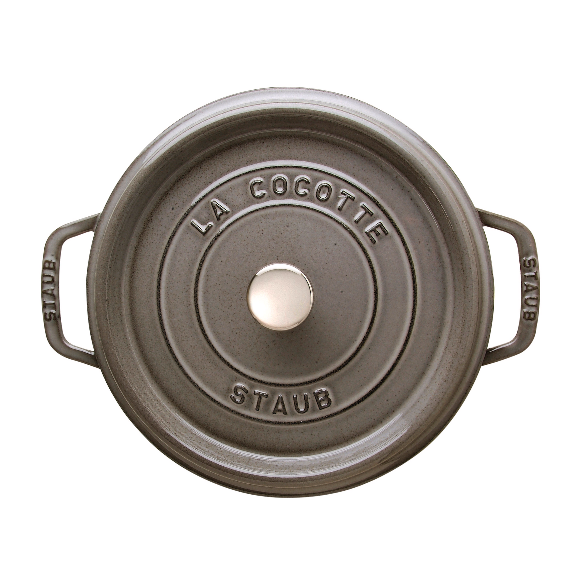 Staub 5.5 quart round cast iron dutch oven in graphite grey