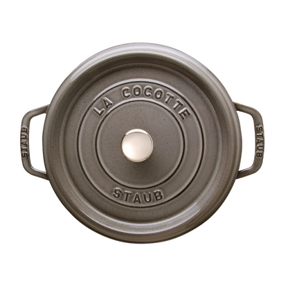 Staub 5.5 quart round cast iron dutch oven in graphite grey