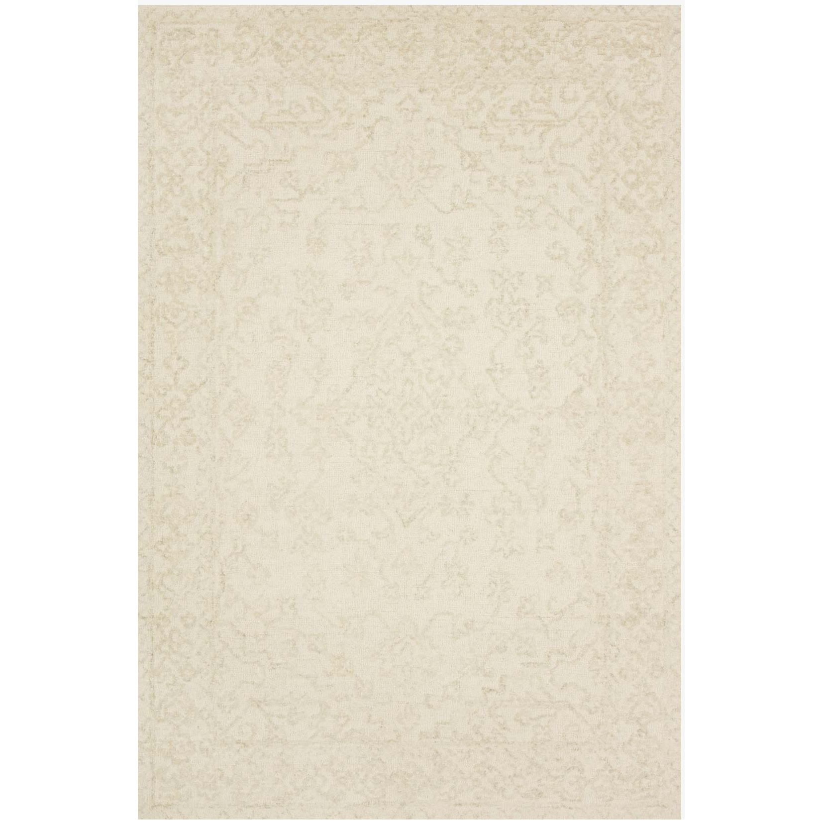 cream and light grey distressed rug with traditional detail