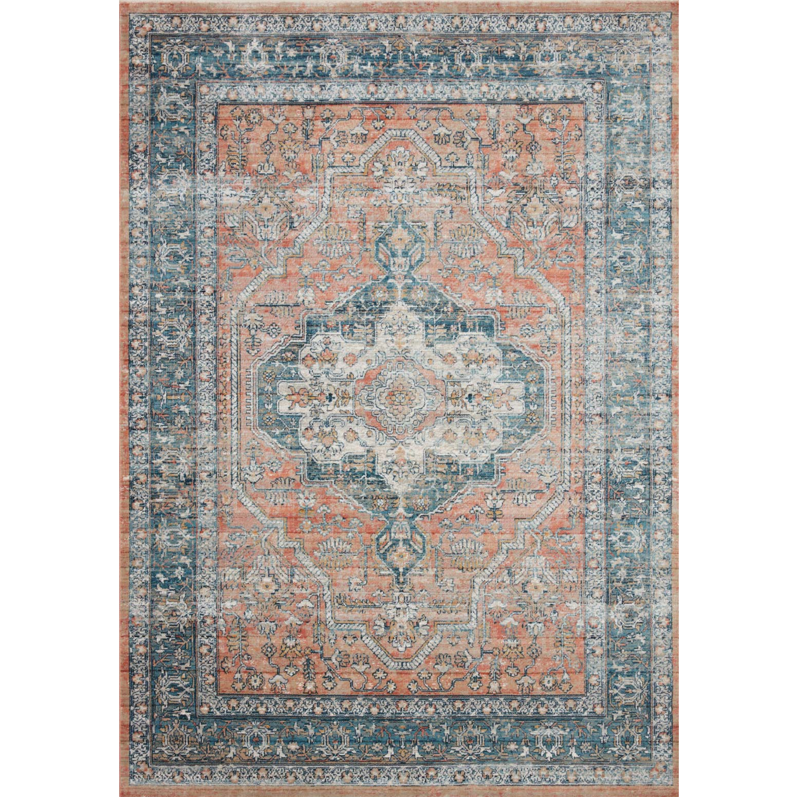 blue and coral orange traditional style rug with floral patterns and detail