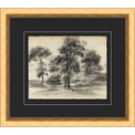 framed wall art sketch of trees in wooden frame with black mat