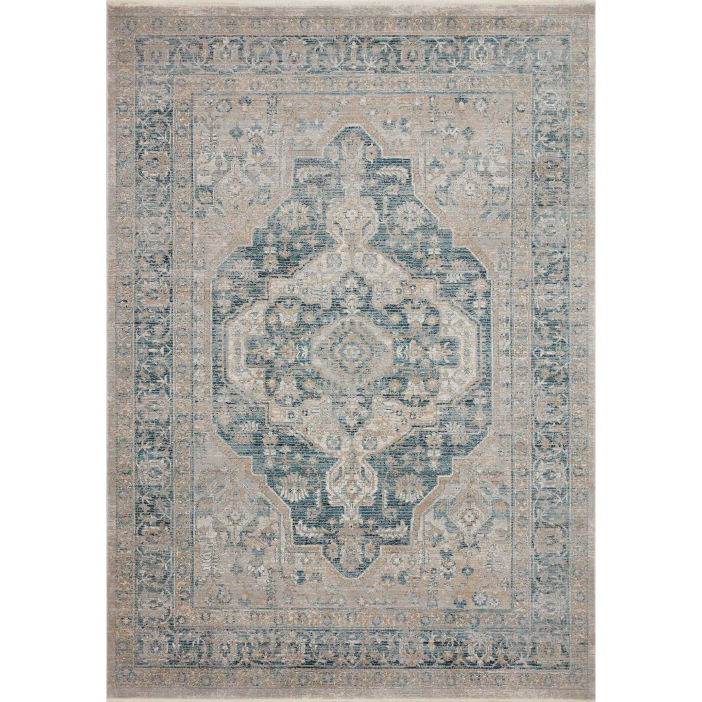 beige and blue traditional area rug with floral detail
