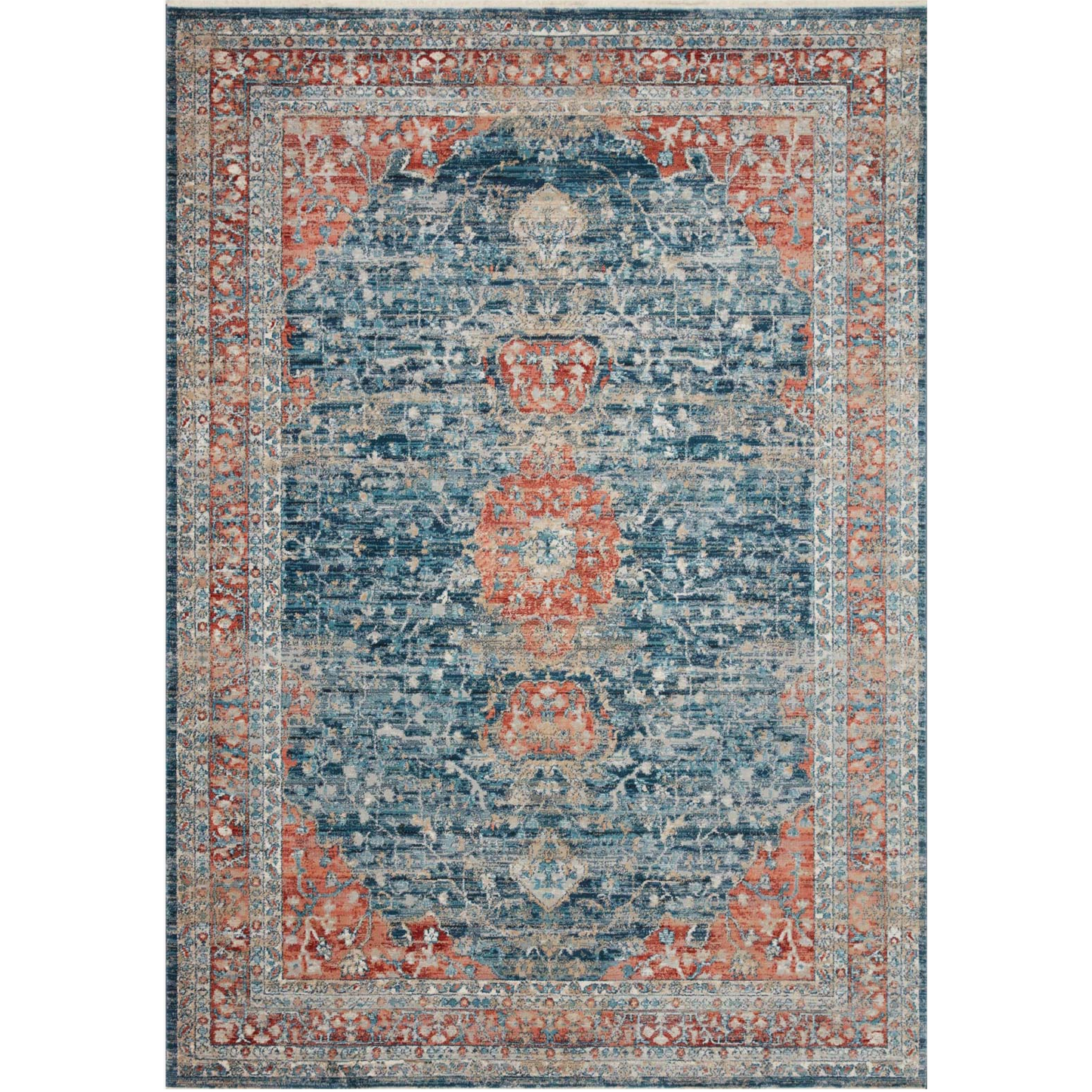 navy and red traditional area rug with floral detail