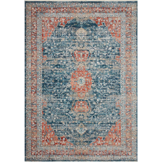 navy and red traditional area rug with floral detail