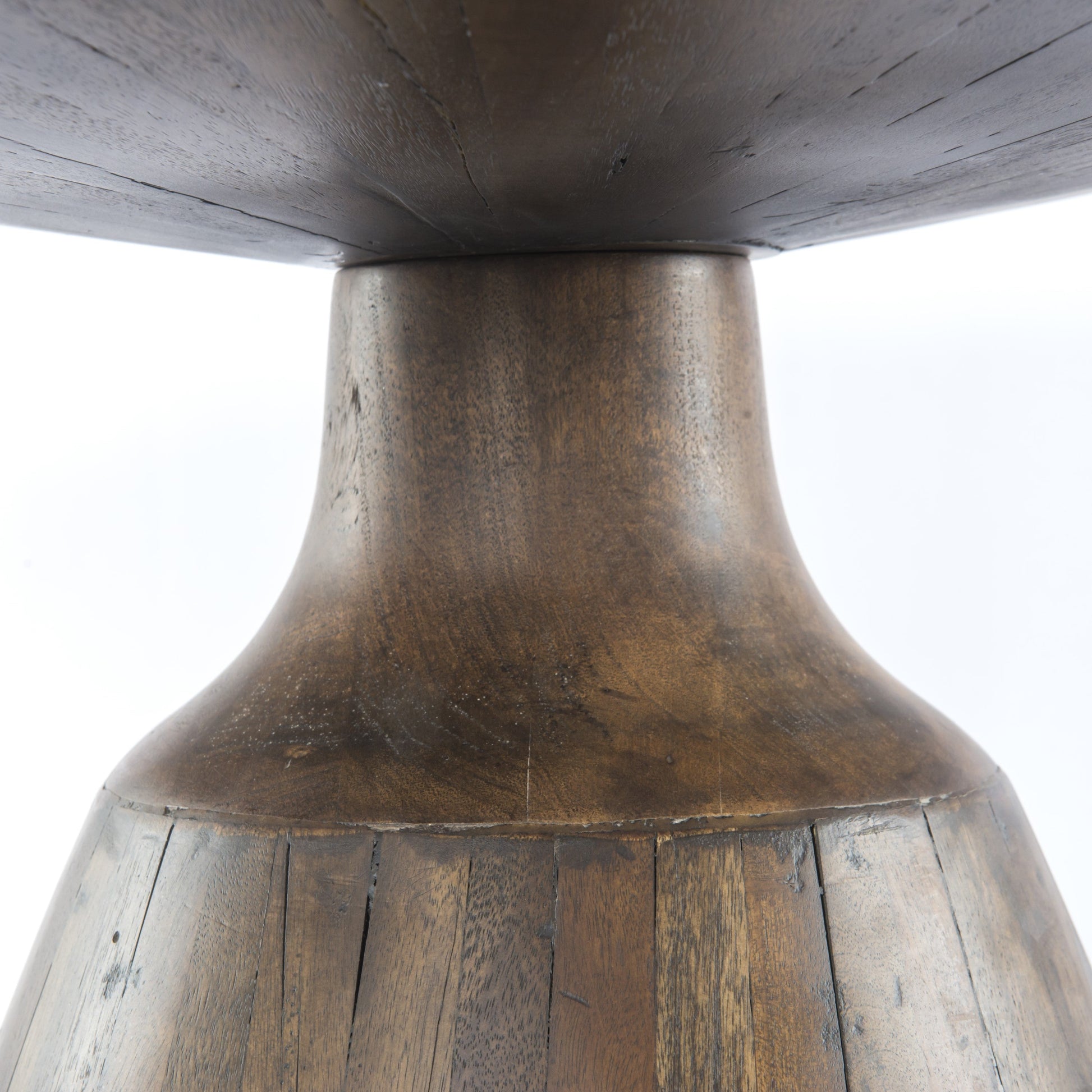 modern reclaimed wood dining table with conical pedestal base